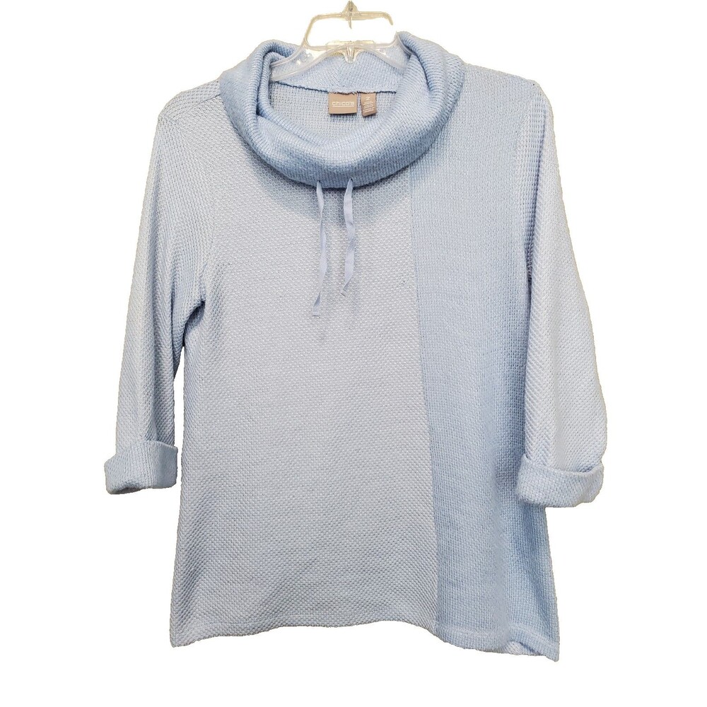 Chico's Blue Cowl Neck Mixed Stitch 3/4 Sleeve Sweater Tunic Size 2 Large